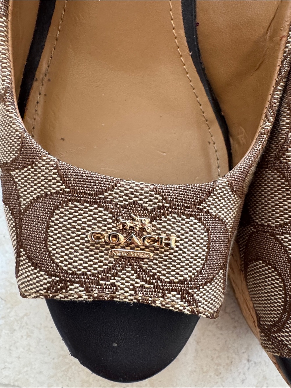 COACH Brown Signature Canvas Peep-Toe Slingback Wedges - Picture 6 of 10
